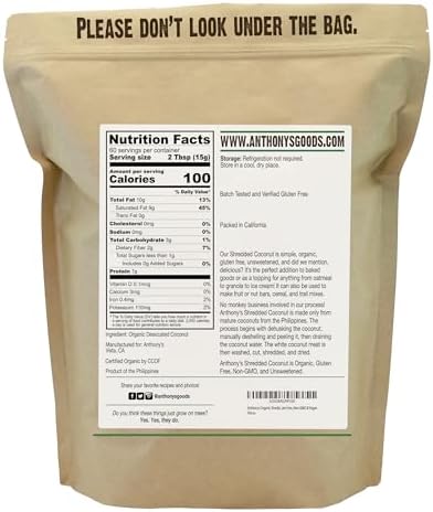 Anthony's Organic Shredded Coconut, 2 lb, Unsweetened, Gluten Free, Non GMO, Vegan, Keto Friendly