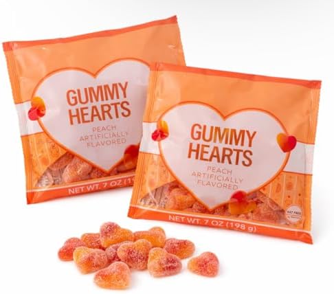 Peach Flavored Jelly Hearts Gummy 7 oz (2 Bags), Fat Free Red, Creamy Peach Love Hearts