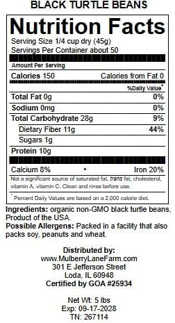 Black Turtle Beans 5 Pounds USDA Certified Organic, Non-GMO Bulk, Product of USA, Mulberry Lane Farms