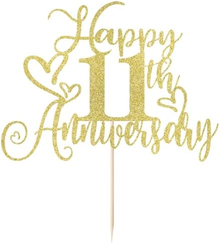 golden Glitter Happy 11th Anniversary Cake Toppers-Wedding Anniversary Party Decorations,gold Wedding Party，Birthday Party Decorations,Company Anniversary Party/11th Birthday Party Decorations (11th)