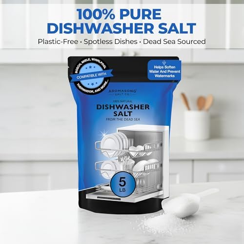 Aromasong Dishwasher Salt 15 LB - 100% Natural Water Softening Agent Compatible with Bosch, Miele, Whirlpool, Thermador, and More... for Cleaner Dishes & Washer Reactivation. (packaging may vary)