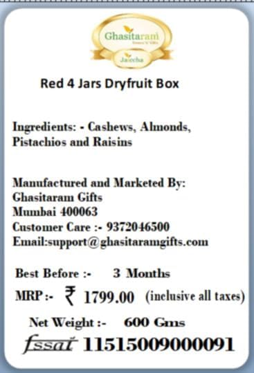 Ghasitaram Gifts Diwali Gifts Red 4 Jars Dryfruit Box