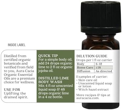 Aura Cacia Organic Distilled Lime Essential Oil, 100% Pure Citrus Aurantifolia Oil - Aromatherapy for Body Care, DIY Blends | 0.25 Fl Oz (Pack of 1)