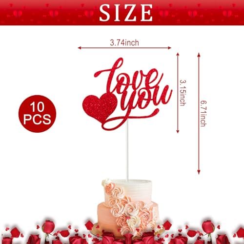 Valentines Cake Toppers Red Cake Topper Glitter "Love You" Cake Toppers Birthday Wedding Cake Decoration for Valentine's Day Birthday Wedding Party 10pcs