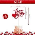 Valentines Cake Toppers Red Cake Topper Glitter "Love You" Cake Toppers Birthday Wedding Cake Decoration for Valentine's Day Birthday Wedding Party 10pcs