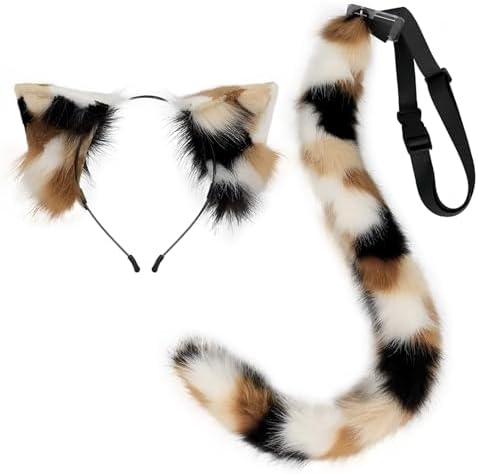 QinRuan Animal Cosplay Costume Accessories Furry Faux Fur Cat Ears Headband and Fox Tail Set Halloween Accessory