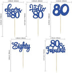 30pcs Happy 80th Birthday Cupcake Toppers - Eighty Cheers to 80 Years Old - Blue Glitter