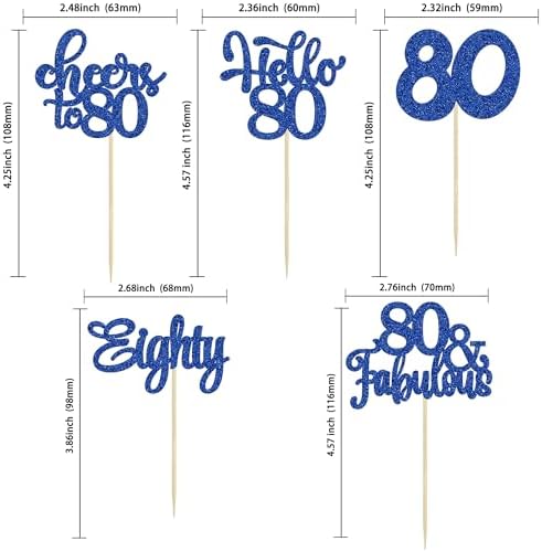 30pcs Happy 80th Birthday Cupcake Toppers - Eighty Cheers to 80 Years Old - Blue Glitter