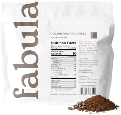 Fabula Organic Instant Coffee, Low Acid, Mold Free - Medium Roast, 90g, Convenient & Delicious