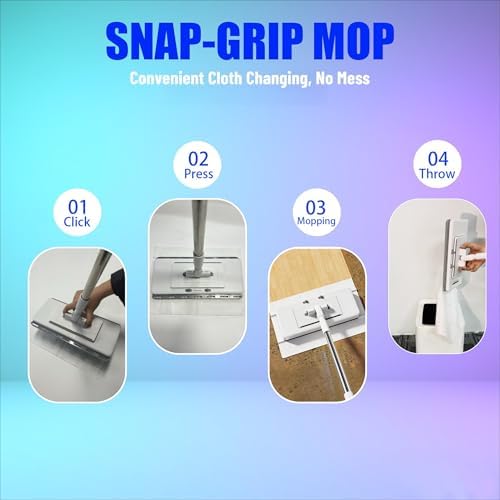 KZKR Upgrade Push Clamp Mop Kit - 2-in-1 Full Size Press Grip Lazy Sweeper Mop with Convenient Cloth Changing, Compatible with Swiffer Pads, Hardwood Tile Marble Floor Cleaning, 52in with10 Dry Cloths