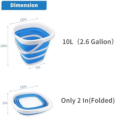2 Pack Collapsible Buckets 10L 2.6 Gallon Cleaning Bucket Mop Bucket Folding Foldable Portable Small Plastic Water Supplies for Outdoor Garden Camping Fishing Car Wash Space Saving Square Grey Blue
