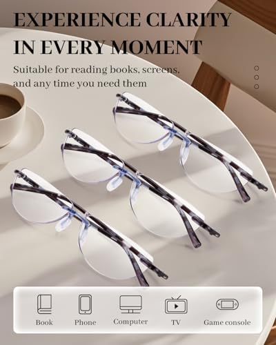 LUFF 3 Pack Rimless Half Moon Reading Glasses TR90 Flexible Lightweight Readers Women Men Blue Light Computer Eyeglasses