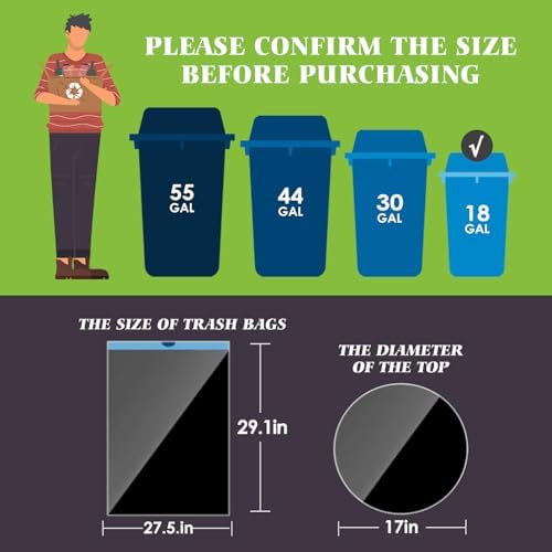 18 Gallon 120 Counts Strong Drawstring Trash Bags Garbage Bags by Teivio, Bathroom Trash Can Bin Liners, Plastic Bags for home office kitchen, Black