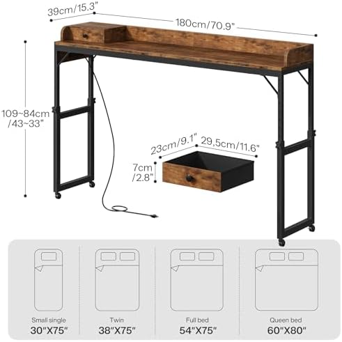 HOOBRO Overbed Table with Wheels, Rolling Table with Outlets & Light Strip for Queen Bed, Mobile Bed Desk & Drawer and Adjustable Height, Giant Computer Desk for Living Room, Rustic Brown BF180UDDN01