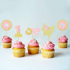 Ercadio 24 Pcs One Donut Cupcake Toppers Donut Party Decorations Picks Pink Sweet Theme Cake Decoration for 1st Kids Birthday Party Supplies Celebrating Party Baby Shower Supplies