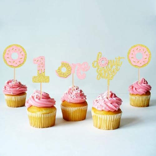 Ercadio 24 Pcs One Donut Cupcake Toppers Donut Party Decorations Picks Pink Sweet Theme Cake Decoration for 1st Kids Birthday Party Supplies Celebrating Party Baby Shower Supplies