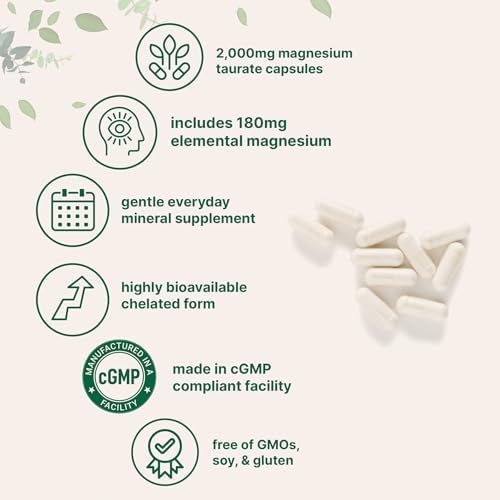 Magnesium Taurate 2,000mg, 240 Capsules | Highly Bioavailable Chelated Magnesium Supplement | Mineral Supplements for Men & Women | Non-GMO, Gluten Free