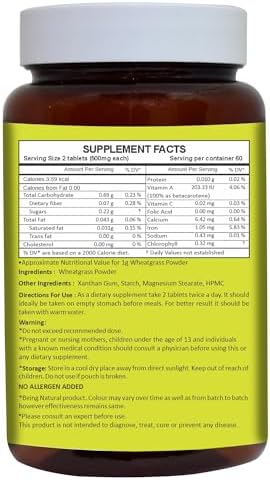 Herbal Hills Wheat Grass Tablets | 120 Count | Made From Whole-Leaf WheatGrass Powder
