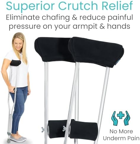Vive Fleece Crutch Pads & Hand Grips – Soft Underarm Cushion Padding for Crutches – Comfortable Foam Support, Washable, Breathable Accessories for Adults & Youth – Armpit Pain Relief (Black)