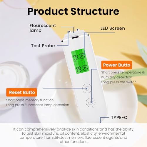 Professional Skin Moisture Tester, Digital Facial Oil Detector, High Precision Skin Hydration Analysis Meter, Hydration monitor,Portable Skin Analyzer with LCD Display & Fluorescent Agent Detection
