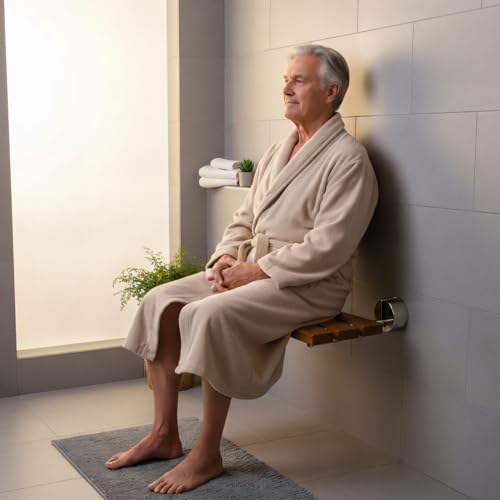 20 Inchs Teak Folding Shower Seat Wall Mounted, Folding Shower Seat with 400 Lb. Weight Capacity (Metal Brushed Cover)