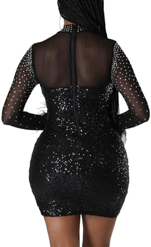 PORRCEY Women's Hot Drilling Craft Sexy Long Sleeve Mesh See Through Party Club Night Rhinestone Dress
