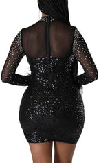 PORRCEY Women's Hot Drilling Craft Sexy Long Sleeve Mesh See Through Party Club Night Rhinestone Dress