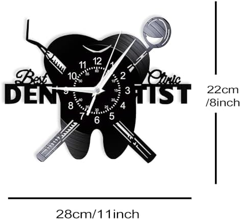 Dental Clinic Wall Clock, 12'' Teeth Dental Office Decor Clock Silent Quartz Non Ticking Battery Operated Modern Decorative Analog Black Vinyl Record Wall Clock for Dentist's Office Dentistry