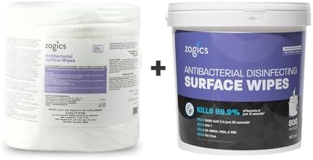 Zogics Antibacterial Wipes, EPA Registered Surface and Gym Equipment Disinfecting Wipes (800 Wipes) + Reusable Wipe Bucket Dispenser