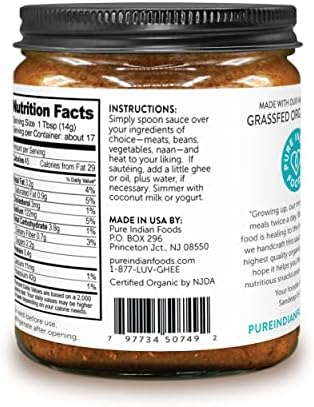 Pure Indian Foods Madras Curry, Concentrated Simmer Sauce - Made With Grass-Fed Ghee, Sweetened With Jaggery, Medium Heat, Gluten-Free, Certified Organic 8.5 oz
