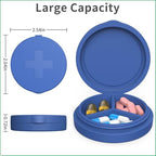 2 Pack Small Pill Box,Premium Thick Silicone 3 Compartment Travel Pill Box for Home/Desk Organizer, Portable Compact Medicine Holder for Vitamin, Cod Liver Oil, Supplement(Purple+Blue)
