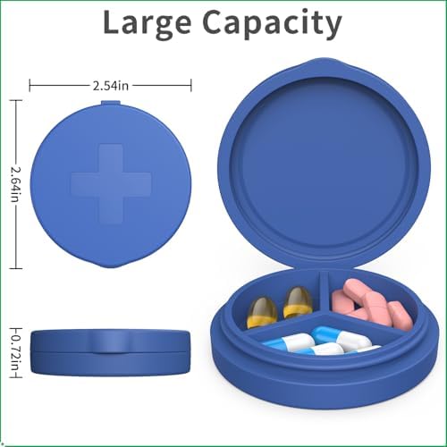 2 Pack Small Pill Box,Premium Thick Silicone 3 Compartment Travel Pill Box for Home/Desk Organizer, Portable Compact Medicine Holder for Vitamin, Cod Liver Oil, Supplement(Purple+Blue)
