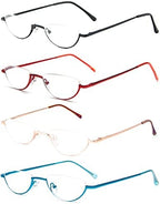 REAVEE 4 Pack Retro Designer Alloy Half Moon Reading Glasses for Women Men Half Frame Spring Hinge Stylish Slim Reader with Pouch, Black, Red, Gold and Blue, 2.5