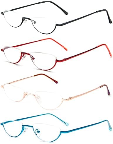 REAVEE 4 Pack Retro Designer Alloy Half Moon Reading Glasses for Women Men Half Frame Spring Hinge Stylish Slim Reader with Pouch, Black, Red, Gold and Blue, 2.5