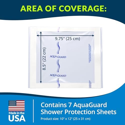 TIDI 50011-PKG AquaGuard Sheet – 10” x 12” – (Area of Coverage: 8.5” x 9.75”) – Shower Protection Sheet – Self-Adhesive Moisture Barrier – Wound Cover for Showering – 7 Sheets – Home Medical Supplies