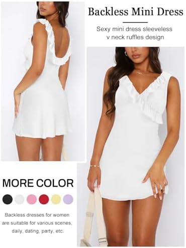MIYIEONZ Women's Sexy V Neck Sleeveless Backless Ruffles Dress for Women Elegant Mesh Party Fitted Cocktail Mini Dresses