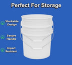 MKS Plastics 5-Gallon Bucket Only – No Lid Included, Made in USA, Food Grade BPA Free Plastic, Heavy Duty Multi-Use, Metal Handle with Grip, Stackable Storage – White, 3 Pack