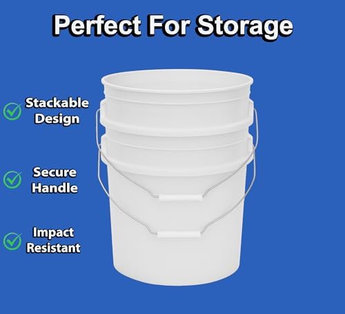 MKS Plastics 5-Gallon Bucket Only – No Lid Included, Made in USA, Food Grade BPA Free Plastic, Heavy Duty Multi-Use, Metal Handle with Grip, Stackable Storage – White, 3 Pack