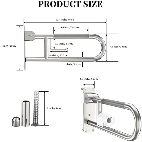 Toilet Grab Bar 22.4 Inch, YuanDe Brushed Nickel Anti-Slip Support Rail, U Shaped Flip-Up Grab Bar with Paper Holder, Stainless Steel Knurled Handicap Safety Handrails for Disabled Elderly Pregnant