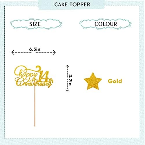 Happy 14th Anniversary Cake Topper, Cheers to 14 Years Birthday Cake Decor, Gold Glitter Cake Decorations for Fourteen Anniversary Wedding Party