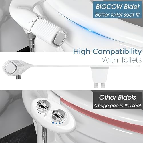 BIGCOW Ultra-Slim Bidet Attachment for Toilet - Dual Nozzle (Frontal & Rear Wash) with Adjustable Cold Water Pressure and Stainless Steel Inlet - Hygienic Solution for Fresh Cleanliness, Silver 1 Pcs