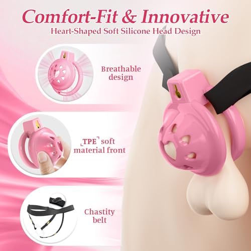 Lovely Pink Male Chastity Cage, Lightweight Chastity Devices with Soft Silicone Head 6 Cock Rings, Penis Bondage Gear Cock Cage Adult Toys with Invisible Lock, Male Chastity Belt BDSM Sex Toys for Men