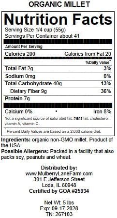 Millet Hulled 5 Pounds USDA Certified Organic Non-GMO Bulk, Product of USA, Mulberry Lane Farms