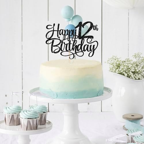 Rsstarxi 1 Pack Black Happy 12th Birthday Cake Topper Cheers to 12 Years Old Birthday Cake Pick Decorations for Celebrating Boys Girls 12th Birthday Anniversary Party Decorations Supplies