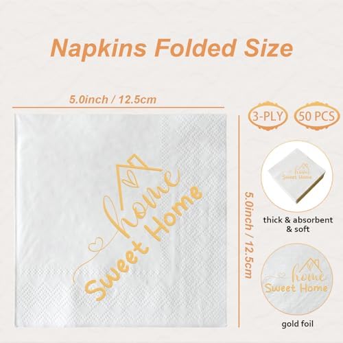 Home Sweet Home Paper Napkins Gold Foil and White Housewarming Cocktail Napkins 50 Pack New House/Welcome Back/Family Home Theme Party Decorations Supplies Bar Beverage Towel Napkins 3 Ply