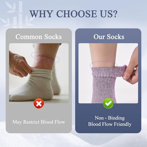 Cirorld Bamboo Viscose Diabetic Socks for Women, 6 Pairs Non Binding Wide Top, Seamless Loose Cushion Socks for Swollen Feet