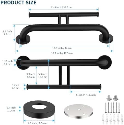 Grab Bar w/Double Toilet Paper Roll Holder Black, iHansee Stainless Steel Shower Support Handle Balanced Support Bars, Wall Mounted Safety Handrail Grab Rail for Elderly Senior Handicap Disabled