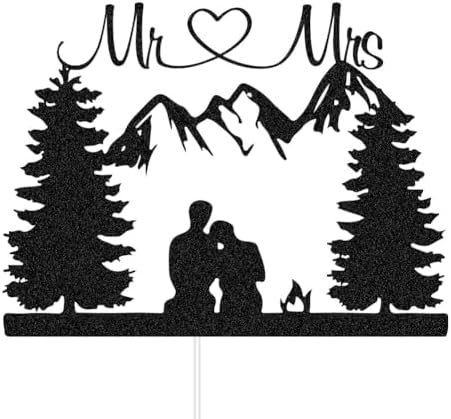 Mountain Wedding Cake Topper - Outdoors Romantic Hiking Mr & Mrs/ Bride and Groom Cake Decor, Forest Theme Wedding Party Decorations Black Glitter