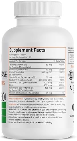 Bronson Super B Vitamin B Complex Sustained Slow Release (Vitamin B1, B2, B3, B6, B9 - Folic Acid, B12) Contains All B Vitamins 60 Tablets