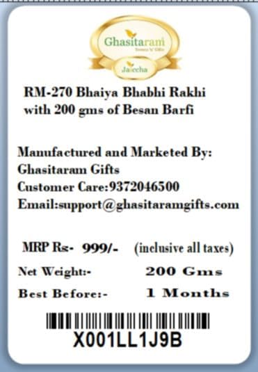 Ghasitaram Gifts Rakhis Online - Rakhi for Brother-RM-270 Bhaiya Bhabhi Rakhi with 200 GMS of Besan Barfi